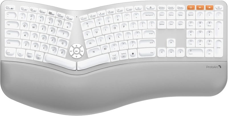 ProtoArc Backlit Bluetooth Ergonomic Keyboard, EK01 Plus Full Size Wireless Split Keyboard with Dual Bluetooth and USB, Cushioned Wrist Rest, Rechargeable, for Windows/Mac/Android, White and Silver - Image 1